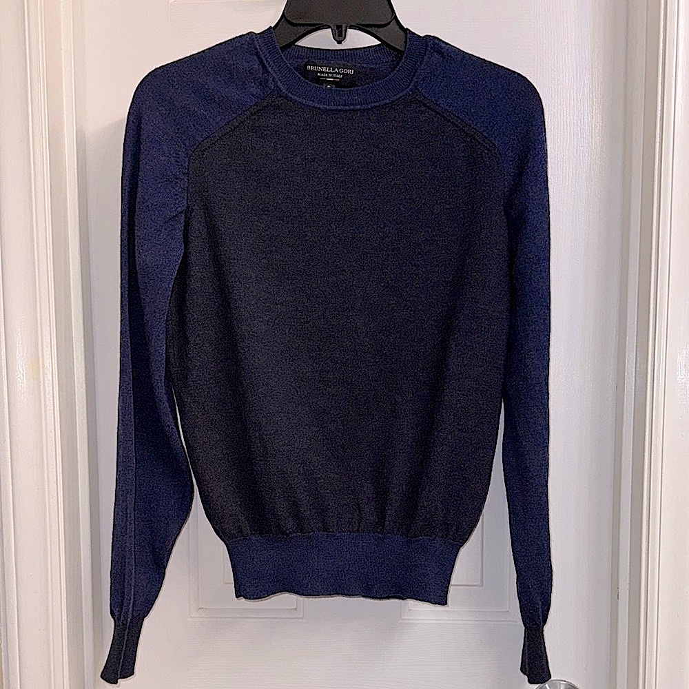 Brunella Gori Men’s 100% Merino Wool Black/Blue Crewneck Slim Fit Sweater Small